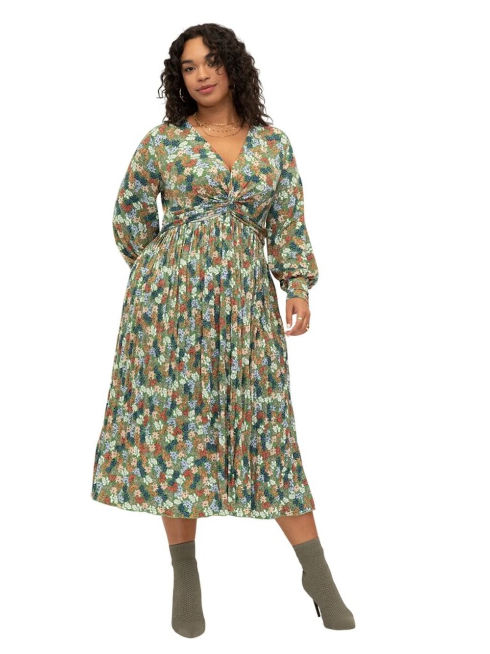 Eloquii Elements Midi Dress Size XL Floral Knot Front Long Sleeve Green Multi Bo